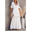 Women's Solid Color V-neck Short Sleeve Long Dress, Lace Trim Spring Summer Dress for European American