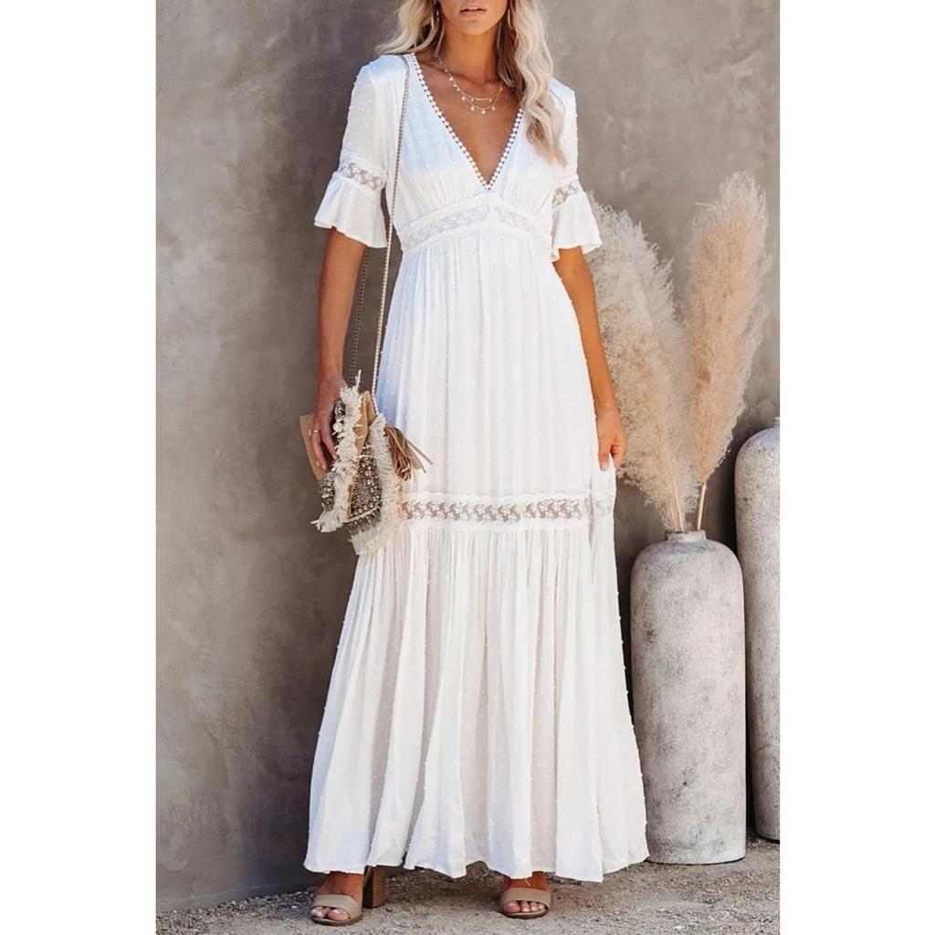 Women's Solid Color V-neck Short Sleeve Long Dress, Lace Trim Spring Summer Dress for European American