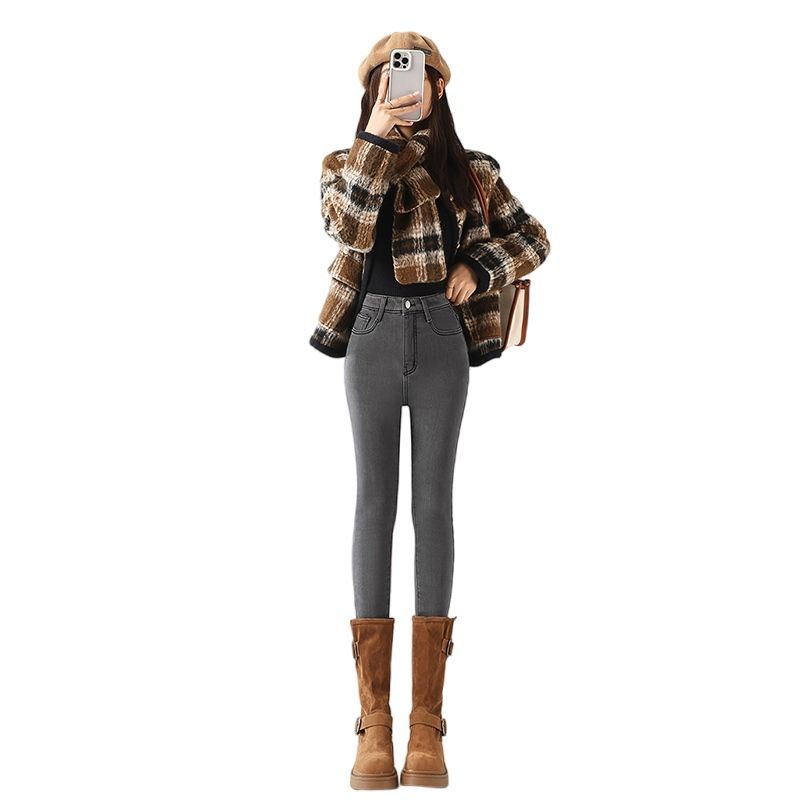 Winter Fleece Lined Warm Stretch High Waist Slim Skinny Denim Pants For Ladies Casual Pants Oversize Denim Trousers