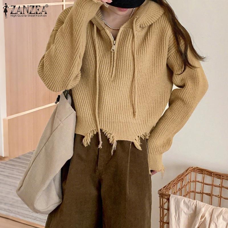 ZANZEA Autumn Women Long Sleeve Zip-up Rib Knitted Irregular Hooded Sweaters
