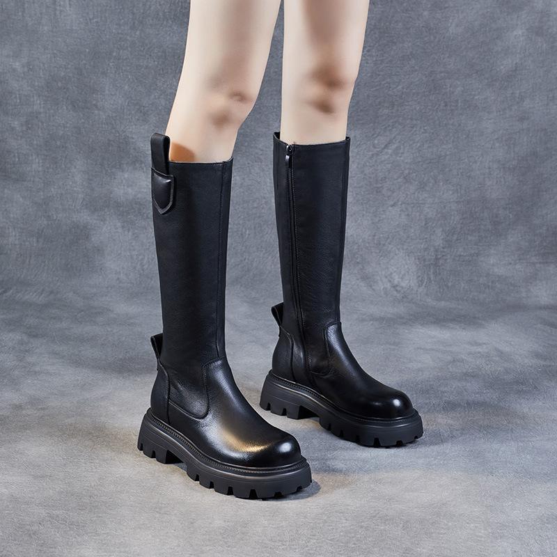High boots thick-soled leather women's boots round head middle heel knight boots winter boots fashionable casual pure leather