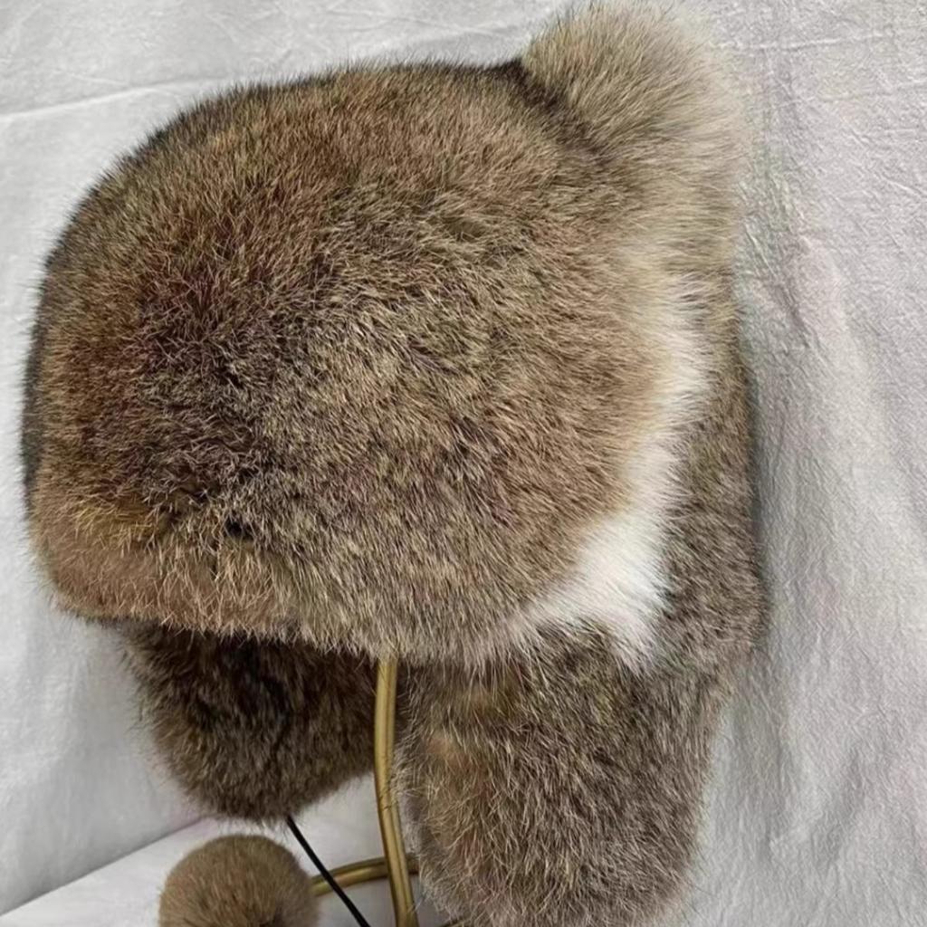 Rabbit Fur Whole Leather Hat Cat Ear Hat Autumn and Winter Ladies Sweet Cute Ball Fur Ear Hat Thickened Warm