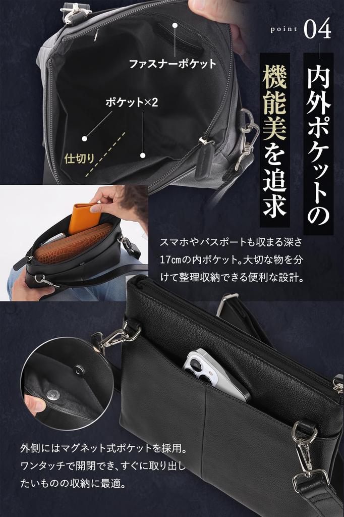LEZOPHIS Men's Genuine Leather Sacoche Bag [Premium Top Grain LeatherFeatured on George Tokoro's Setagaya Base] Slim, Small Shoulder Bag (Navy)