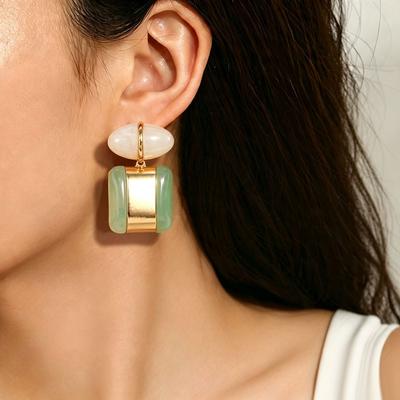 European and American Jewelry, Fashionable Personalized Metal Color Matching Gemstone Earrings, Versatile Court Style Retro Earrings