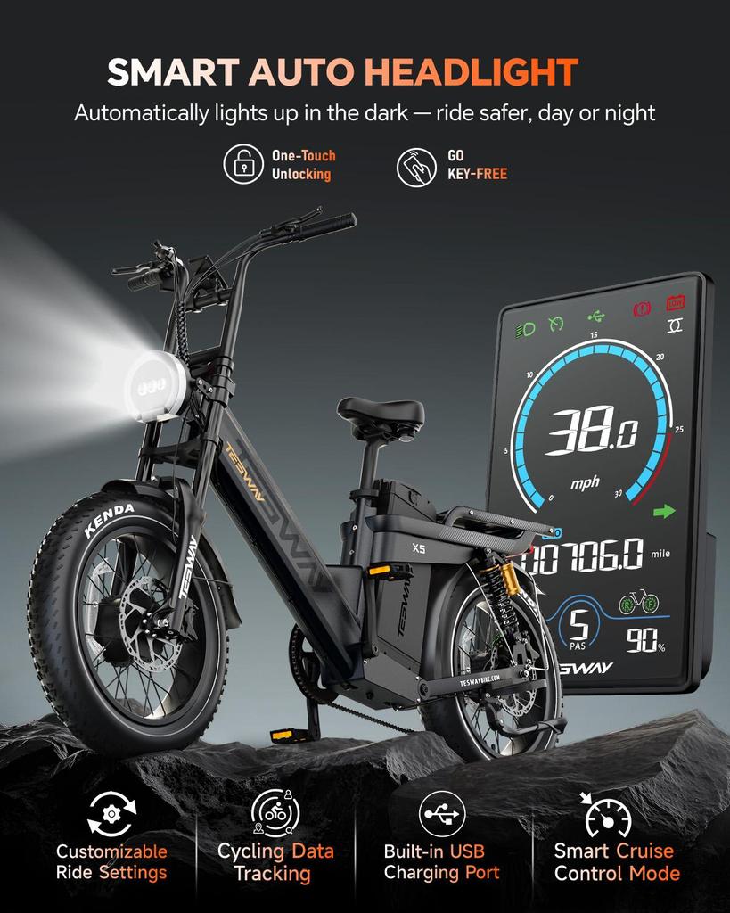 Tesway X5 AWD Electric Bike, Peak 3000W Dual Motor, 52V 60Ah Battery, Range 300km, 20*4.0'' Tires, 7 Speed, 8A Charger