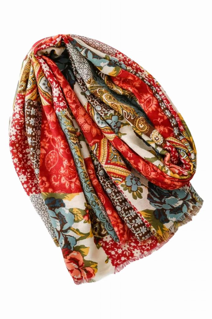 Boho Patchwork Scarf Red and Green - Patterned, 180X90