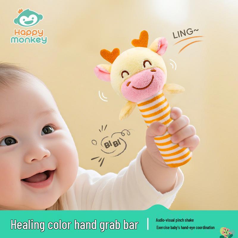 Happy Monkey Baby Soft Animal Hand Rattle Stick - Soothing, Non-Deforming, Easy Grip Toy