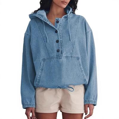 Damen Mode Denim Kapuzenpullover Pullover Jacke Lässiges Denim Sportoberteil