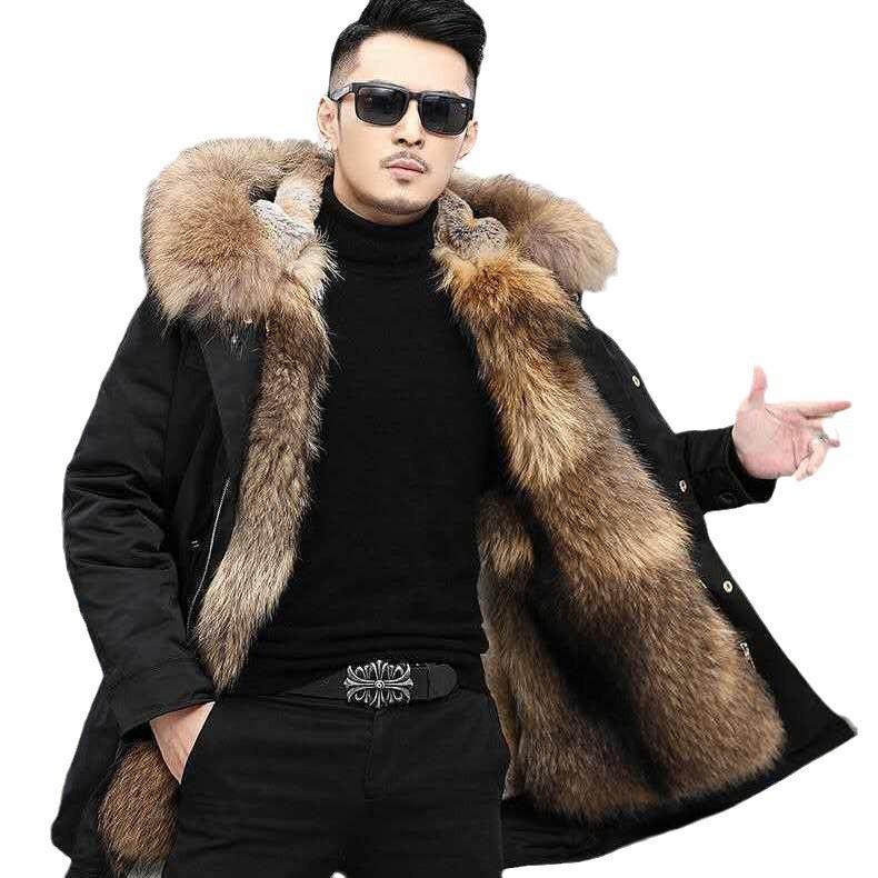 Pie overcome men's winter medium and long fur integrated winter thickened imitation fox fur jacket