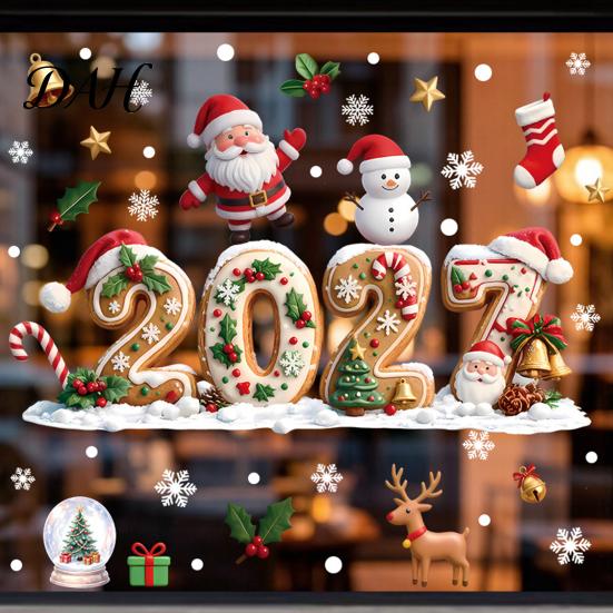 Adhesive Free Glass Ornaments Christmas Gingerbread Window Cling 2027, Static Stickers with Santa Claus Man Decals Snowman Reindeer and Snowflake for