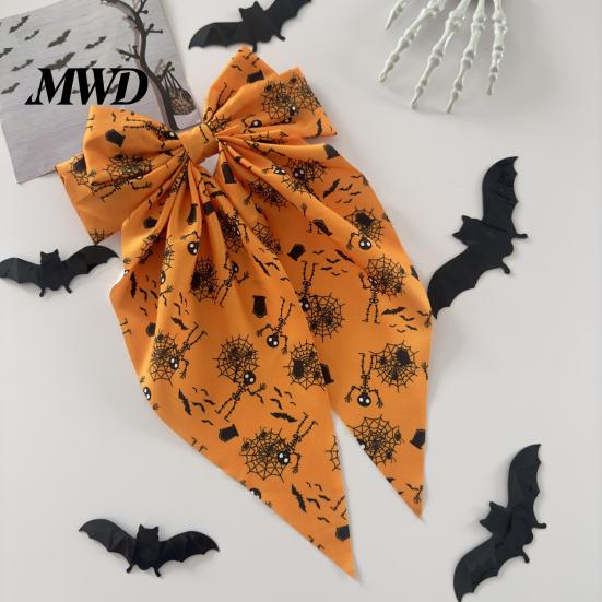 Skull Hairpin Accessory Halloween Bow Spring Hair Clips for Women, Pumpkin Skeleton Ghost Hand Printed Holiday Party Clip Fabric Barrettes,
