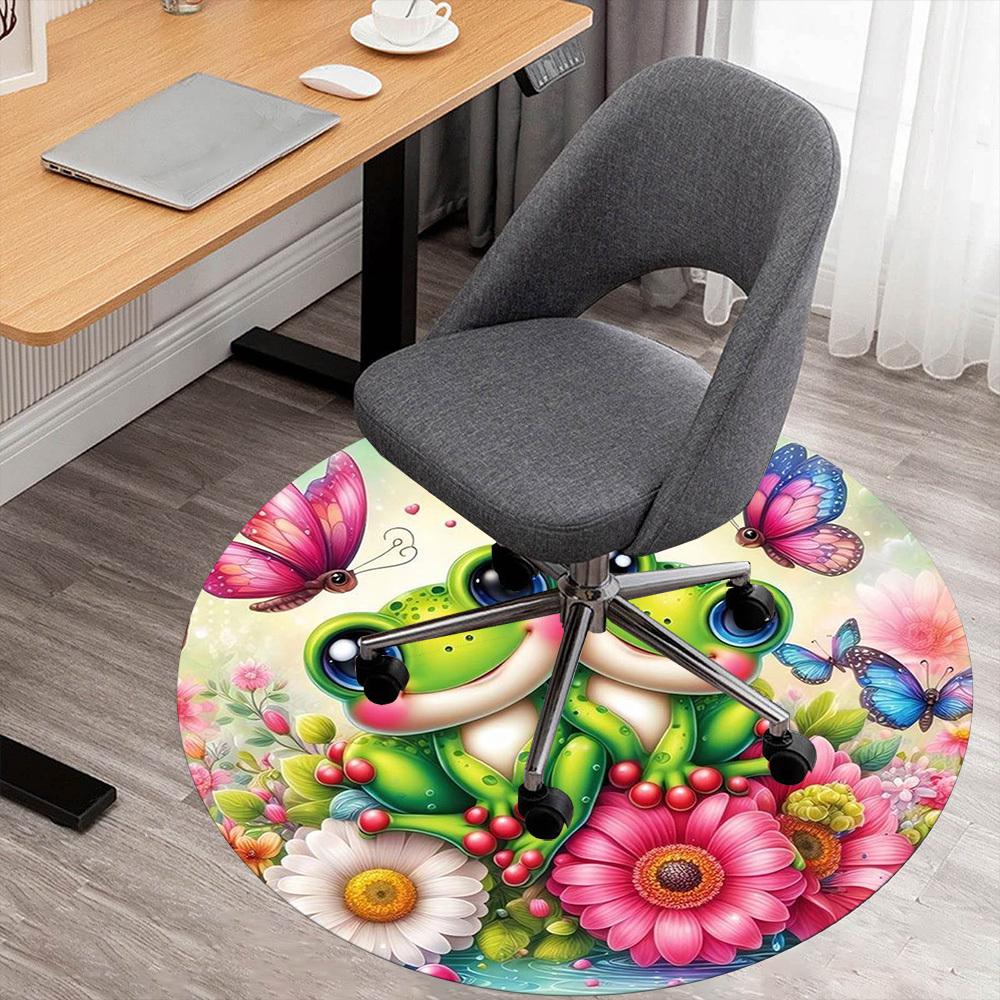 1PC Frogs Butterflies Flowers Round Chair Mat Area Rug - Non-Slip, Floor Mat for Office, Bedroom, Home Decor Christmas Gift C0528017