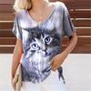 Summer Lovely Cat 3D Print T-Shirts Women Casual V-Neck Short Sleeve T Shirt Y2k Harajuku Animal Tees Loose Tops Female Clothing
