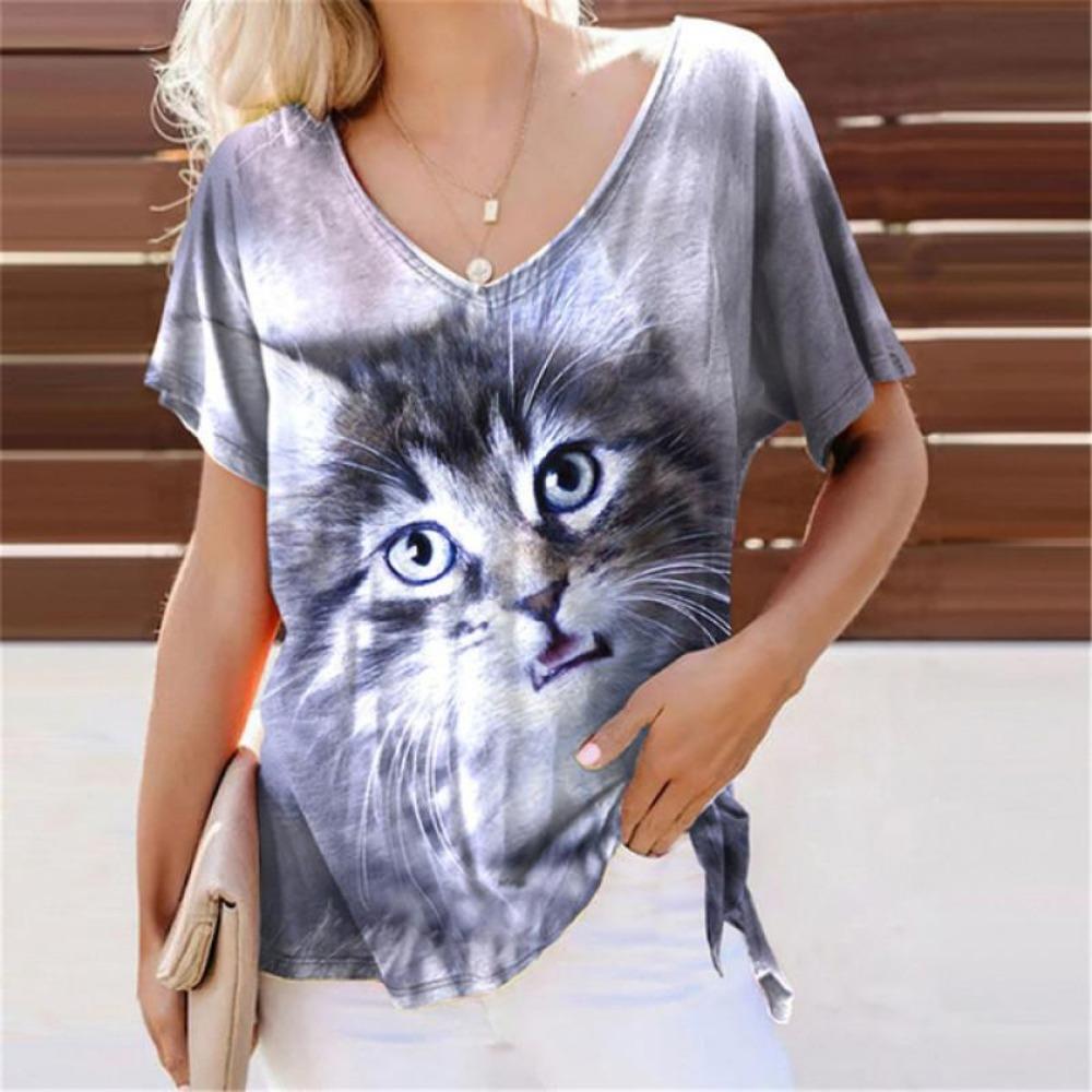 Summer Lovely Cat 3D Print T-Shirts Women Casual V-Neck Short Sleeve T Shirt Y2k Harajuku Animal Tees Loose Tops Female Clothing