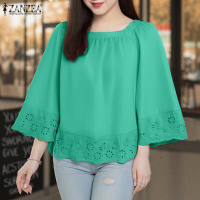 Damen Casual Quadratischer Ausschnitt 3/4 Ärmel Patchwork Spitze Häkelbluse