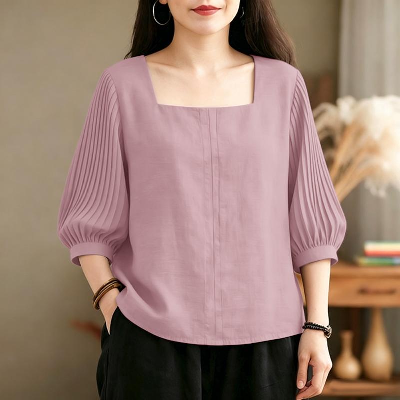 ZANZEA Women Square Collar Solid Color Loose Casual 3/4 Sleeve Blouse S фиолетовый