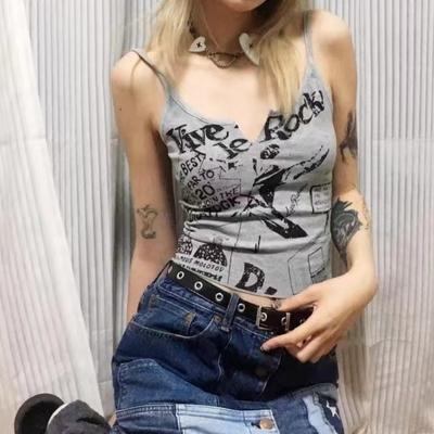 Y2K E-Girl Punk Print Bez rukávů Žebrované tílko pro ženy Crop Top Letní víla Grunge 90. léta Hippie tričko Korea Fashion