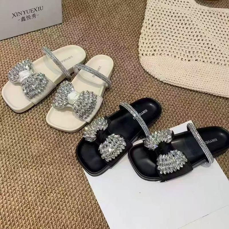 Summer New Rhinestone Bow Outside Wear Half Slip Women's Fashion Square Toe Open Toe Platform Soft Slip Flats