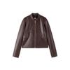 Women's Gold-Button Cropped Stand-Collar PU Biker Jacket