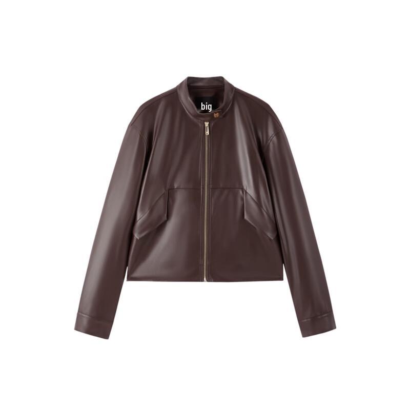 Women's Gold-Button Cropped Stand-Collar PU Biker Jacket