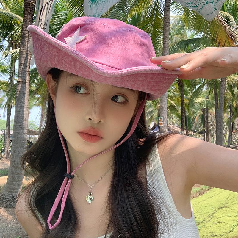 Punk Star Wide Brim Cowboy Hat For Women Girl Soft Cotton Fordable Sunshade Fisherman Cap Outdoor Fishing Climbing Denim Hats