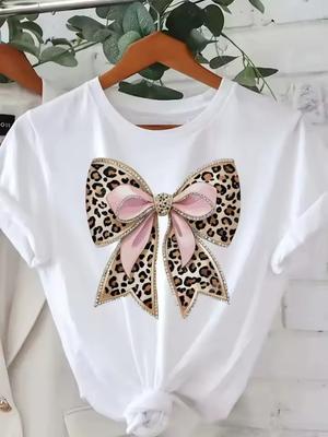 Women's White T-Shirt with Leopard Print Bow Pink Accents Casual Short Sleeve Casual Attire Showing Natural And Elegant Style