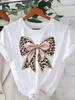 Women's White T-Shirt with Leopard Print Bow Pink Accents Casual Short Sleeve Casual Attire Showing Natural And Elegant Style