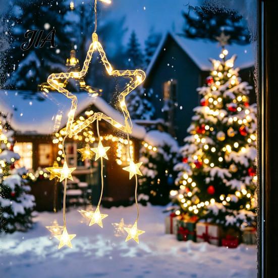 New Year Festive Atmosphere Light LED Christmas Window Star Decoration, Battery Operated Hanging Warm Indoor Outdoor Decorations Lighted Shaped