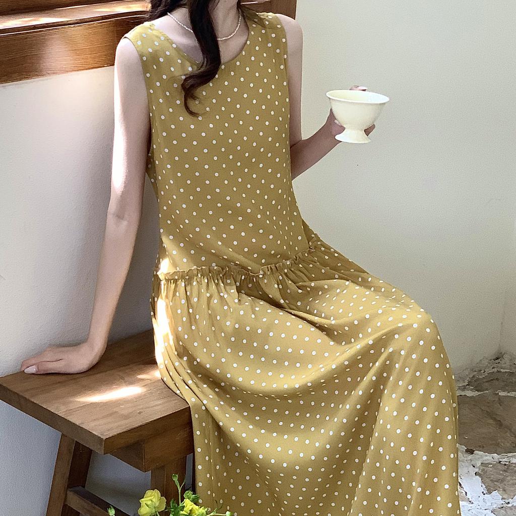 Summer sleeveless polka dot nightdress women's summer cotton silk long dress can be worn outside casual loungewear yellow high-end dress