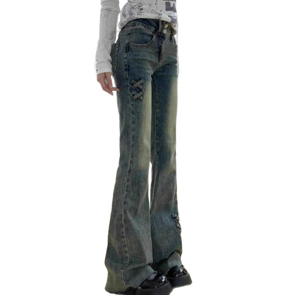 Slim Retro Blue High-waisted Bow Bow Micro-large Denim Jeans Female Summer Ragged Elastic Skinny Horseshoe Pants Retro Baggy Long Jeans for Ladies