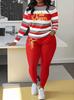 Standard size women's two-piece set, 1D printed casual striped round neck long-sleeved top and pants set, pants pocket.