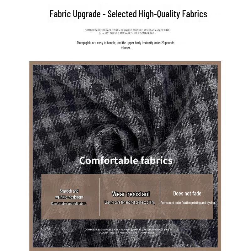 Women's 2025 Winter High-Waisted Gray Flannel Plaid Pants: Japanese Style, Petite Woolen, Straight Wide-Leg.