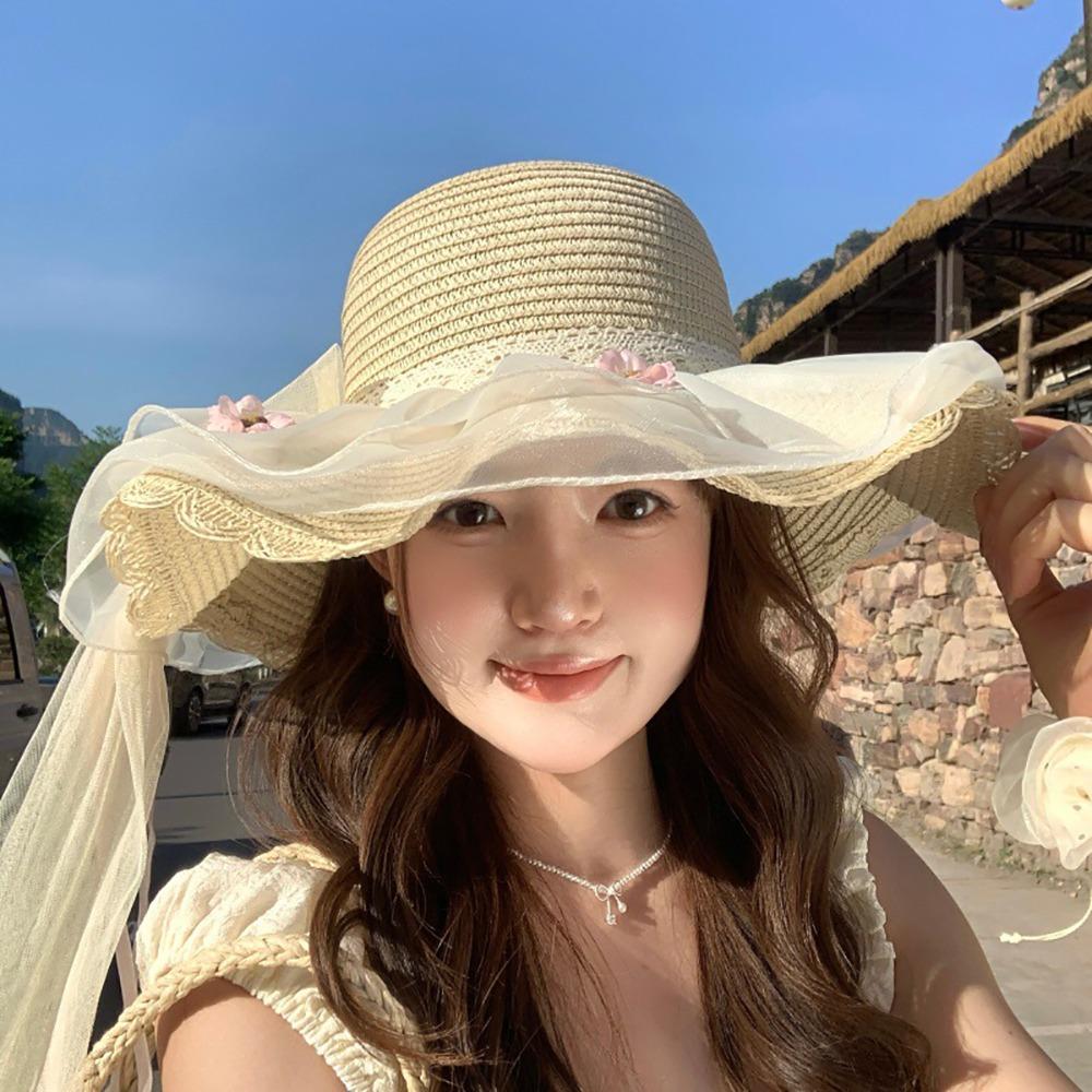 Large Brim Straw Hat Flower Wide Brim Hat Fashion Sun Hat  Sun Shading