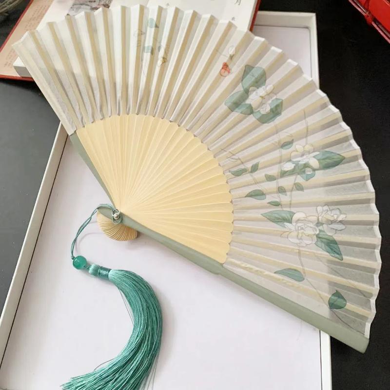 Ancient Chinese Style Small Dance Fan Summer Portable Hanfu Cheongsam Hand Held Fan Green Bamboo Ribs Single-Sided Folding Fan