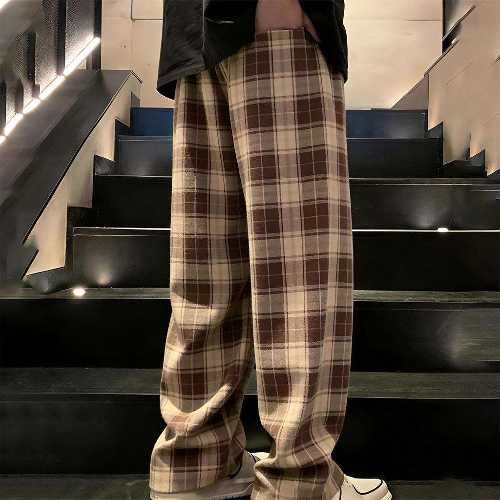 Men's Loose Comfortable Casual Fashion Tartan Print Wide Leg Pants With Drawstring