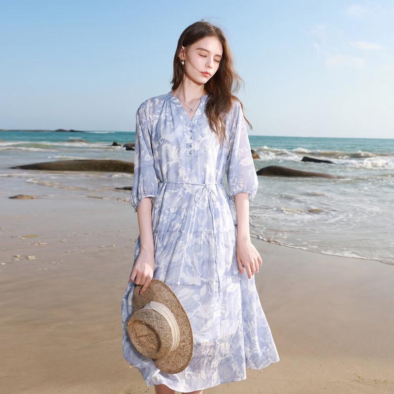 Sancai 2026 Spring French V-Neck Silk Blend Printed A-Line Dress