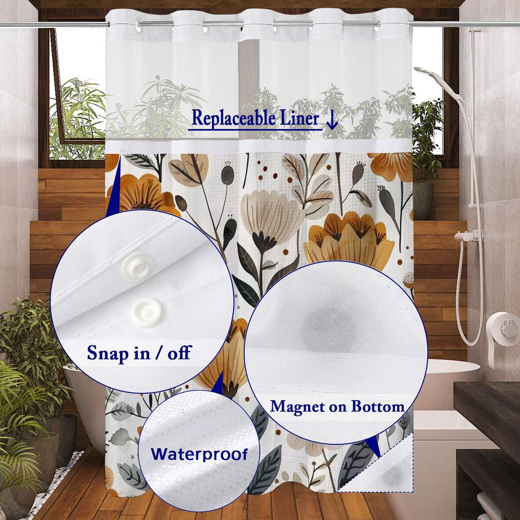 No Hook  Floral Pattern Shower Curtain With Snap-in Fabric Liner, Sheer Top Window, Waterproof Double Layer Bathtub Curtain