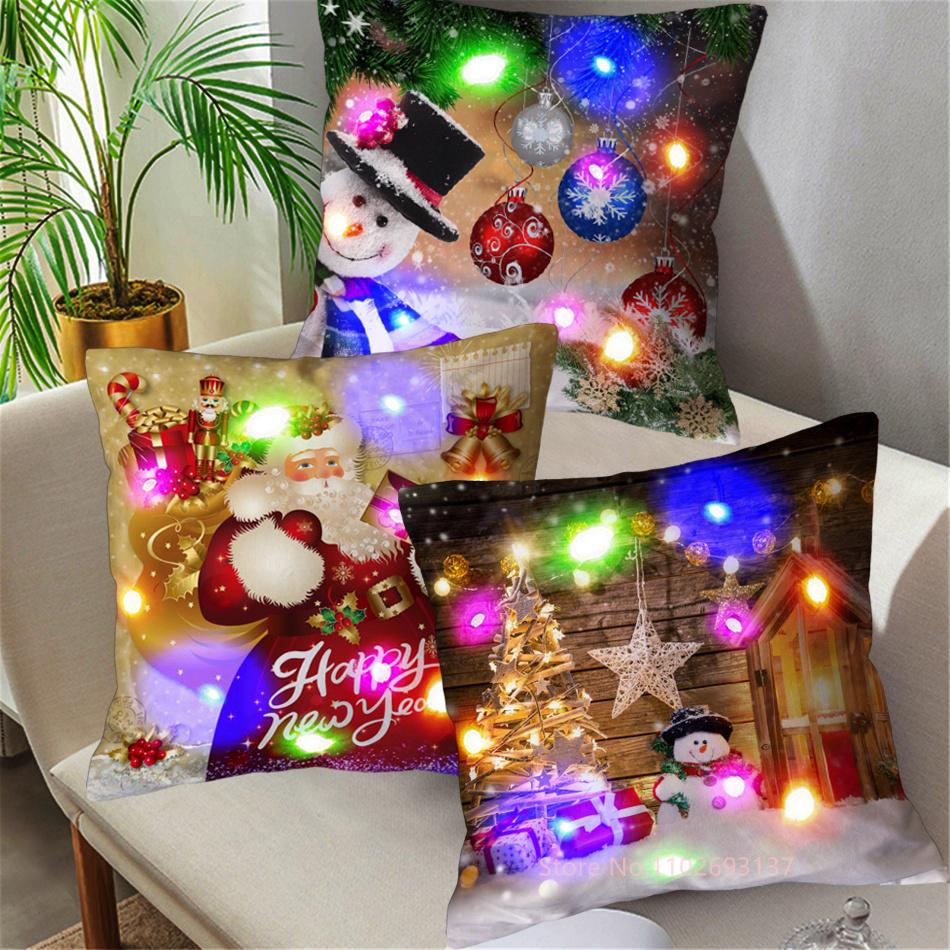 LED Light Santa Claus Cushion Cover Merry Christmas Decoration Throw Pillow Home Square Pillowcase Sofa Cushion New Year Pillow