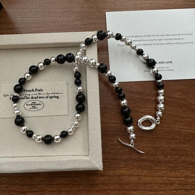 S925 Sterling Silver Niche Design Sense Simple Black Agate Necklace Fashionable Simple Personality Collarbone Chain