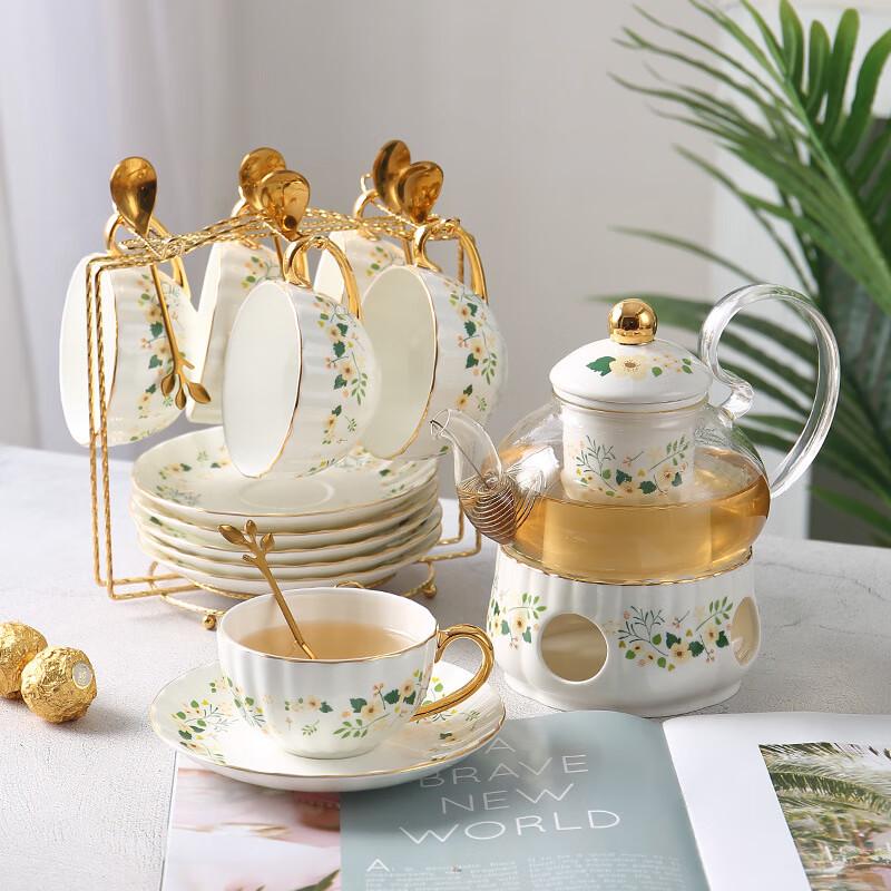 

English Afternoon Tea Ceramic Coffee and Glass Teapot Set 6 cups and saucers + spoons + rack + teapot