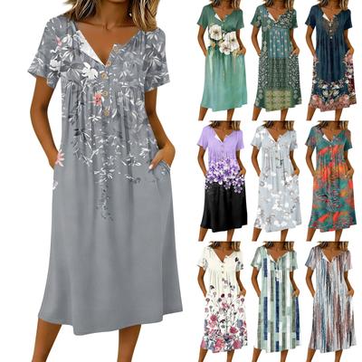Women's Fashionable Retro Printed Round Neck Short Sleeved Button Neck Mid Length Casual Dress