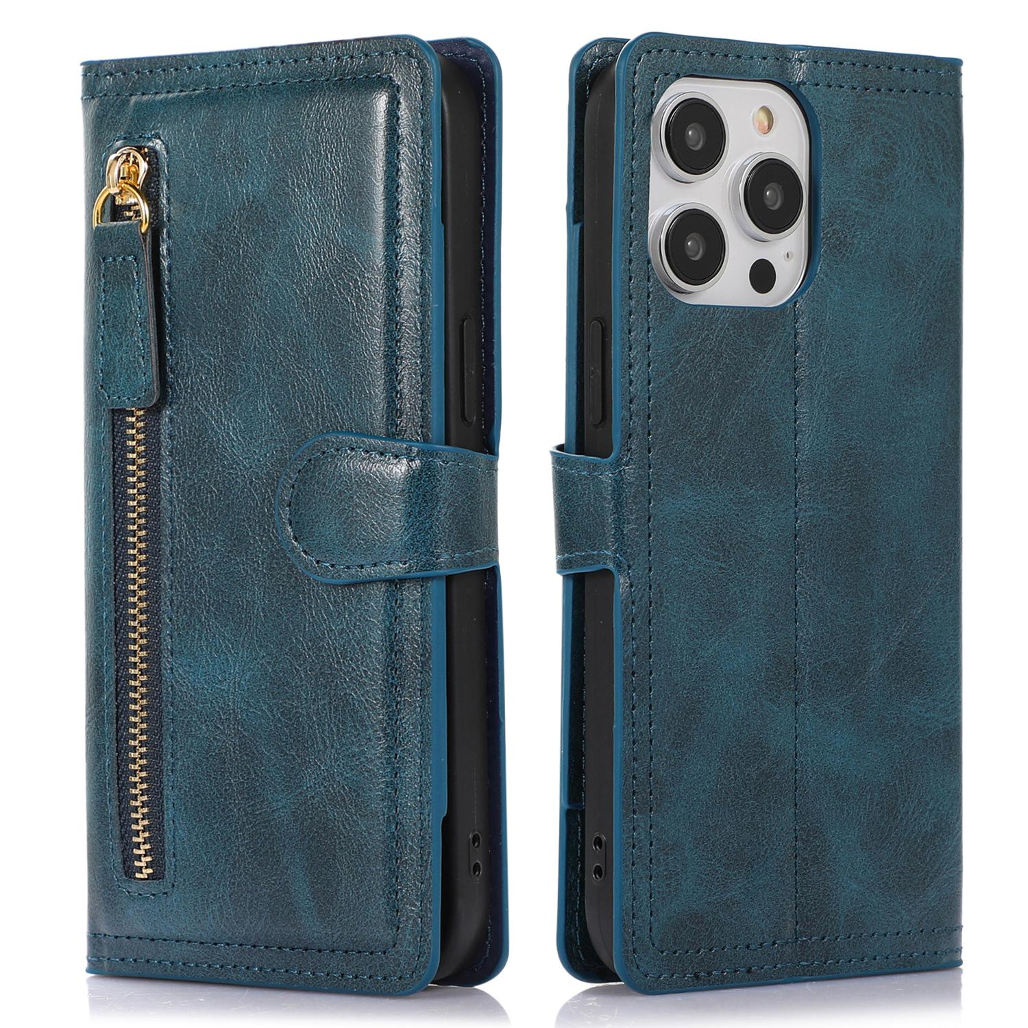 

For iPhone 15 Pro Shockproof PU Leather Case Wallet Zipper Pocket Flip Stand Phone Cover Blue