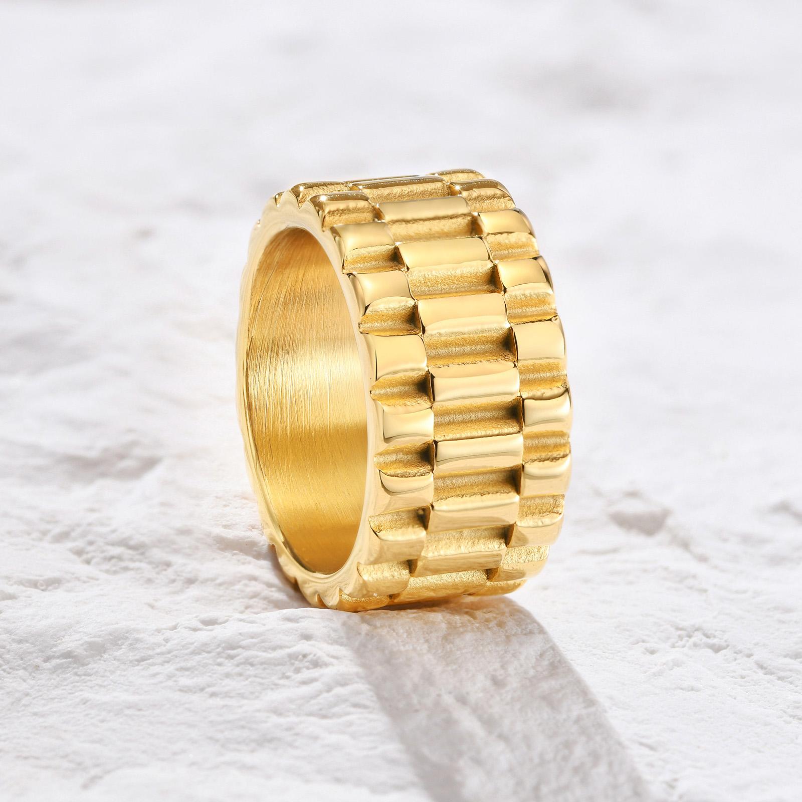 

Simple 11mm Watch Band Shaped Ring for Women, Gold Color Stainless Steel Punk Wedding Bands, Rock Hiphop Finger Jewelry 10