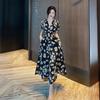 Broken flower medium and long French new princess dress v-neck thin tea break color short sleeve split fork lady retro summer spring and autumn