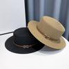 Panama Hat Women Men Faux Leather Buckle Straw Sun Hat French Style Flat-Top Style Wide Brim UV Protection Beach Hat
