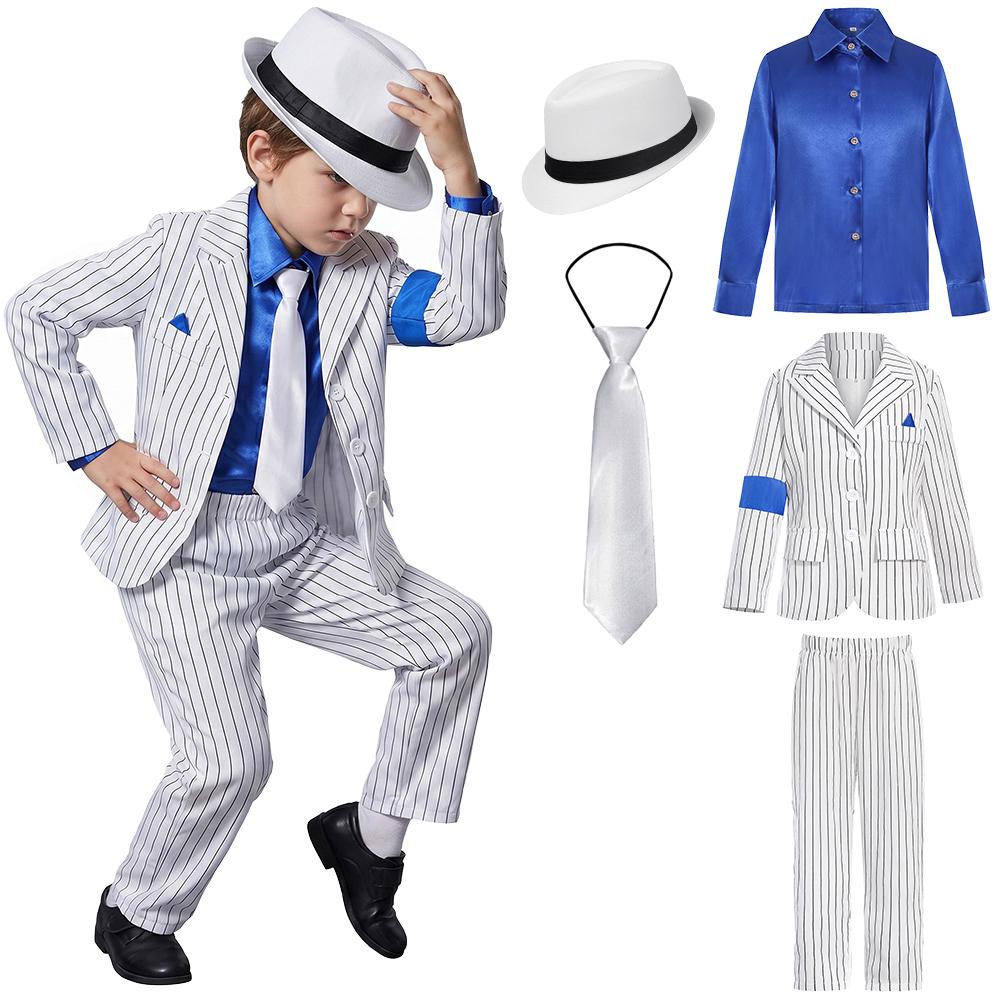 Carnaval d'Halloween Garçons Costume Jackson Danseur Chanteur Moonwalk Tenues de Scène Années 80 Pop Rock Superstar Déguisement Costume à Rayures Blanches M (4-5T) gray