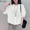 ZANZEA Women Casual Round Neck Loose 3/4 Sleeve Plain Blouse