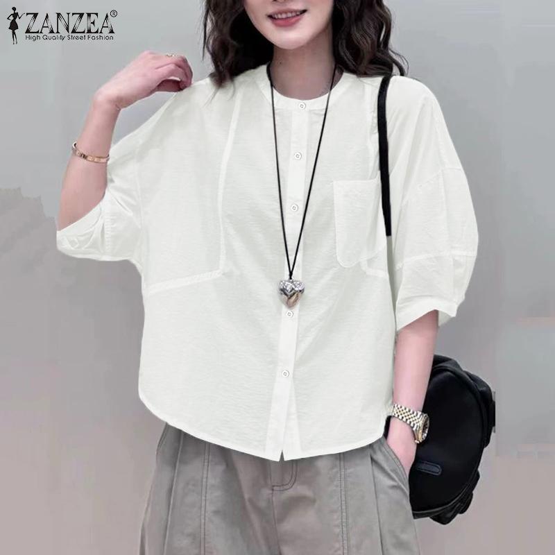 ZANZEA Women Casual Round Neck Loose 3/4 Sleeve Plain Blouse