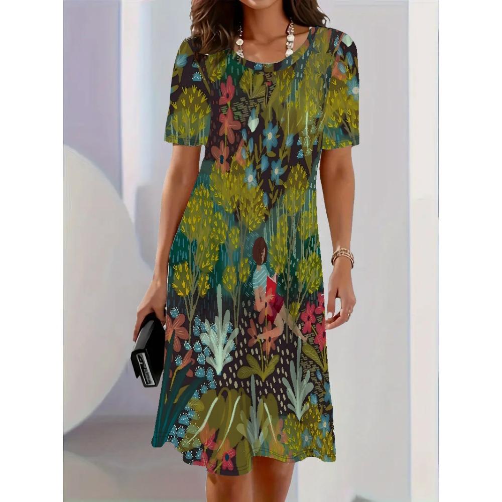 Women Dress Fashion Flower Pattern Printing Summer New Temperament Elegant Casual Women A-Line Dress Short Sleeve Mini Dress