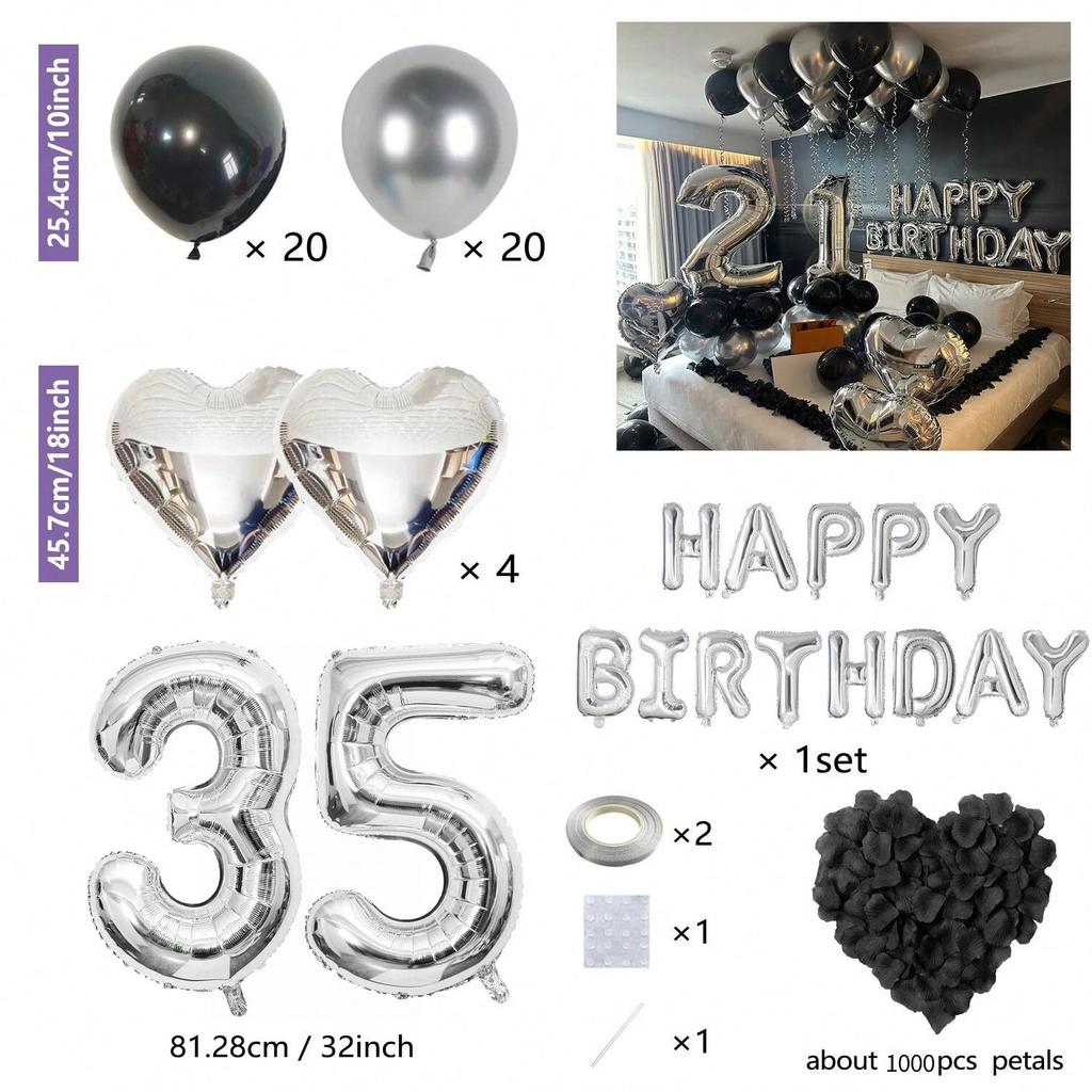 1050pcs Black & Silver Party Balloons Decorations with Silver Happy Birthday Banner Chrome Silver Balloons for kids and adults